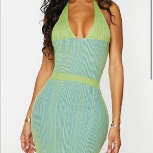 Shape Lime Knit Underbust Detail Halterneck Bodycon Dress